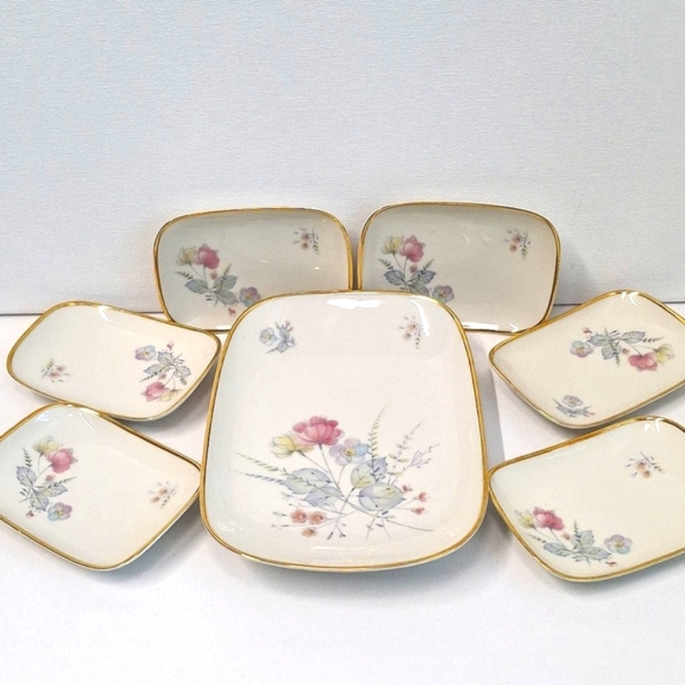 Vintage PMR Bavaria Jaeger & Co Floral Pattern Gold Trim Snack Dishes Set of 7
